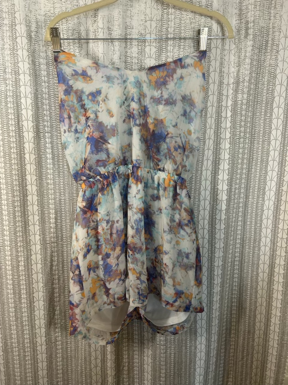 Arden B. Strapless Floral Print Romper in Blue, Yellow & Purple